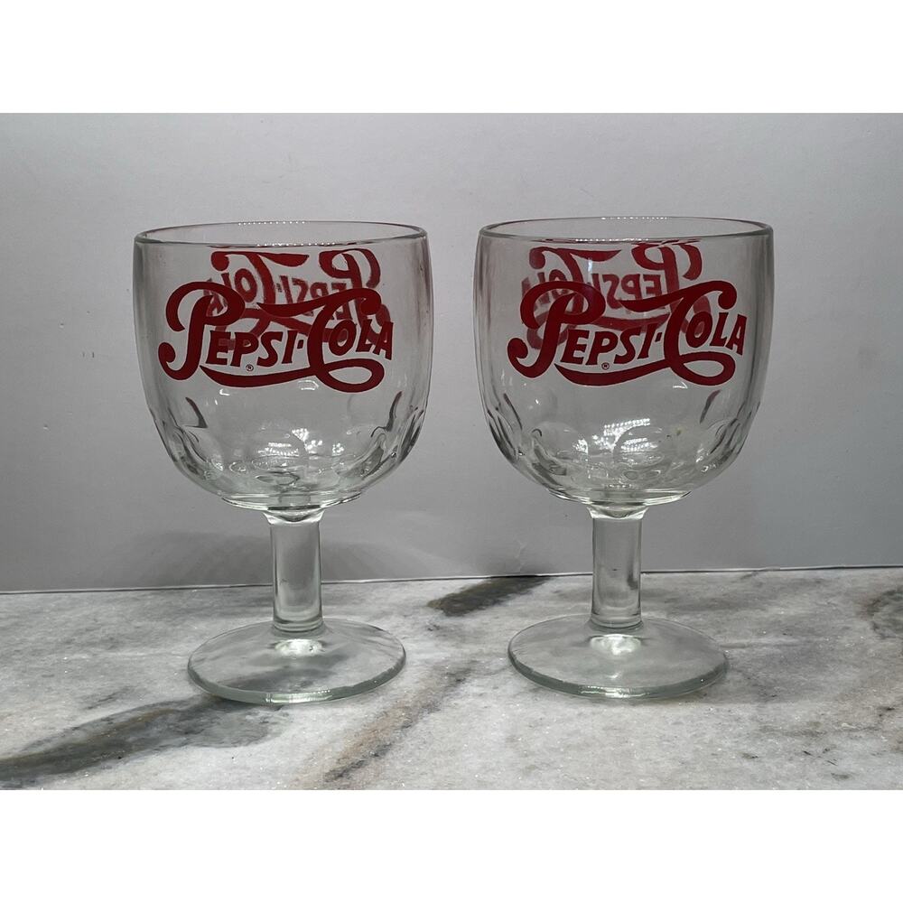 Two Vintage 1970s Classic Pepsi-Cola Thumbprint Soda Fountain Glasses Goblets